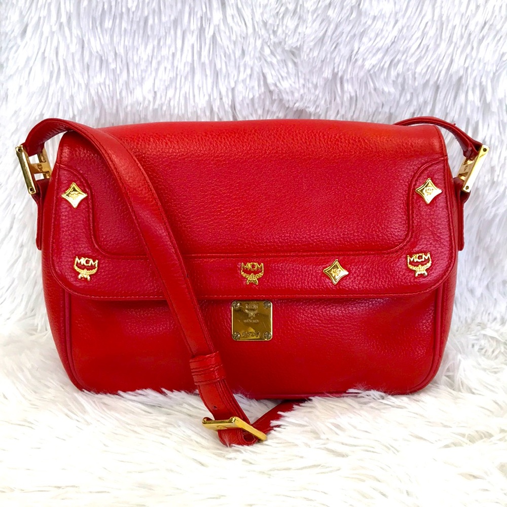 MCM STUDDED VINTAGE CROSSBODY LEATHER SLING RED
